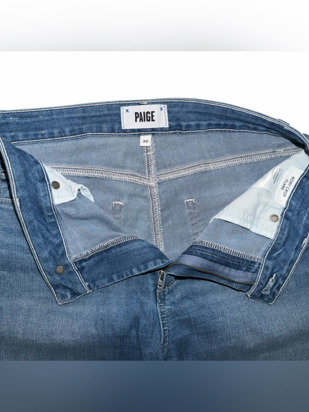 PAIGE Rory Crop Flare Jeans 30 Abelina Wash Raw Hem High Rise Stretch Denim - Picture 4 of 8